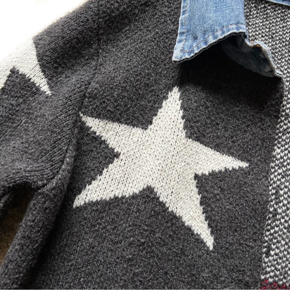 WOOL STAR PRINT CARDIGAN DENIM TRIM OPEN FRONT COLLARED SWEATER COAT GRAY Siz… - Picture 12 of 13